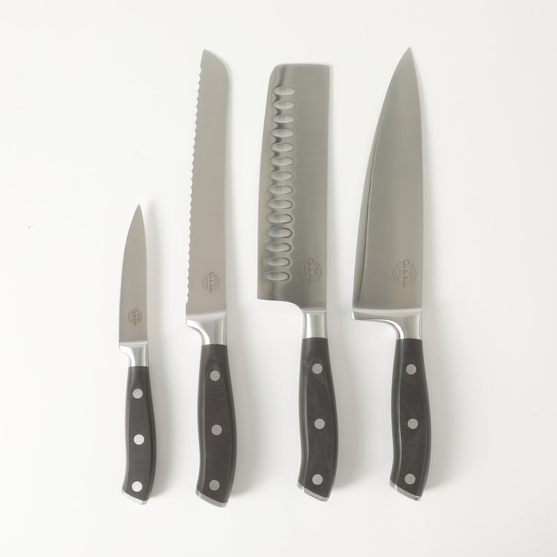 Sur la Table Kitchen Essentials Tasting Kitchen 5pc Stainless Steel Cutlery Set w/ Beechwood Magnetic Stand - Plastic Handle - Gift Box w/ Remailer