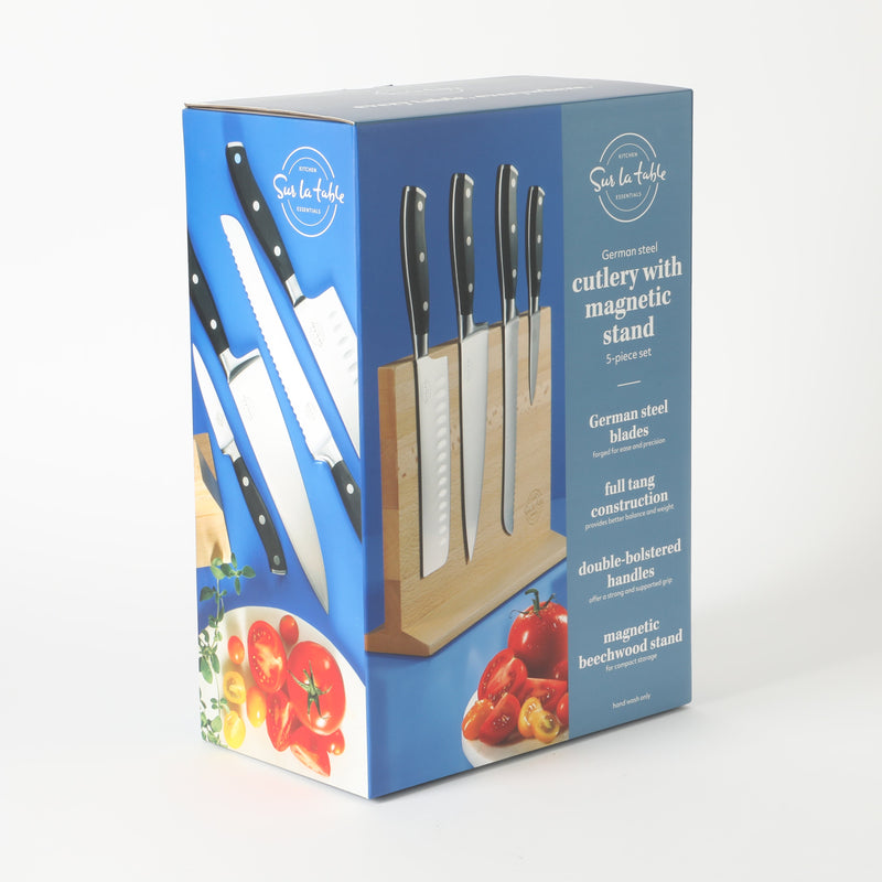 Sur la Table Kitchen Essentials Tasting Kitchen 5pc Stainless Steel Cutlery Set w/ Beechwood Magnetic Stand - Plastic Handle - Gift Box w/ Remailer