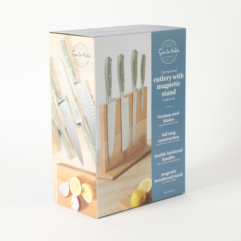 Sur la Table Kitchen Essentials Tasting Kitchen 5pc Stainless Steel Cutlery Set w/ Beechwood Magnetic Stand - Plastic Handle - Gift Box w/ Remailer