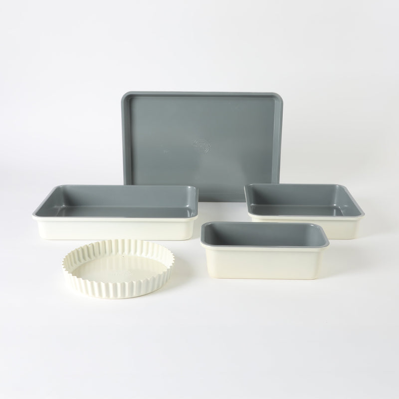 Sur la Table Kitchen Essentials Bake Sale 5pc Carbon Steel Bakeware Set - Eggshell Ext - Grey Nonstick Interior - Gift Box w/ Remailer