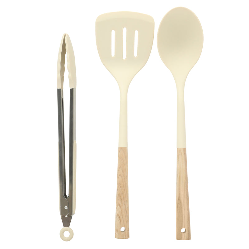 Gibson Elite Folkstone 13pc Cast Aluminum Set w/ Kitchen Tools - Linen - Nonstick Ceramic Interior - Induction Base - Wood Look Soft Touch Handle - Gift Box