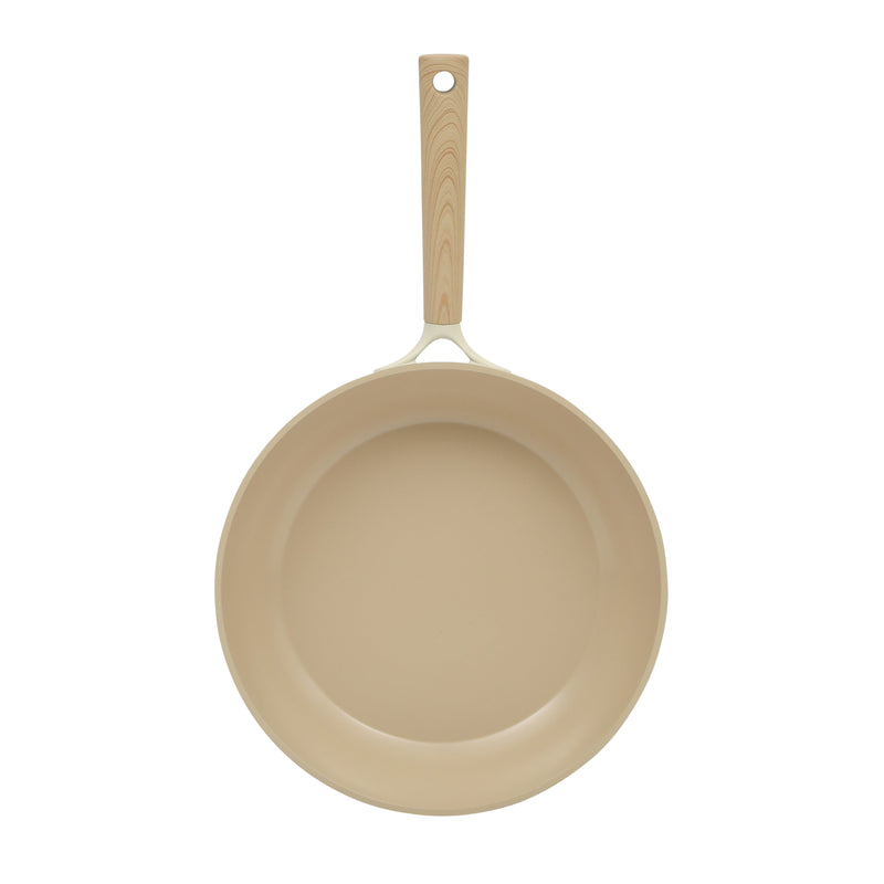 Gibson Elite Folkstone 10" Cast Aluminum Frying Pan - Linen- Nonstick Ceramic Interior - Induction Base - Wood Look Soft Touch Handle - Color Sleeve