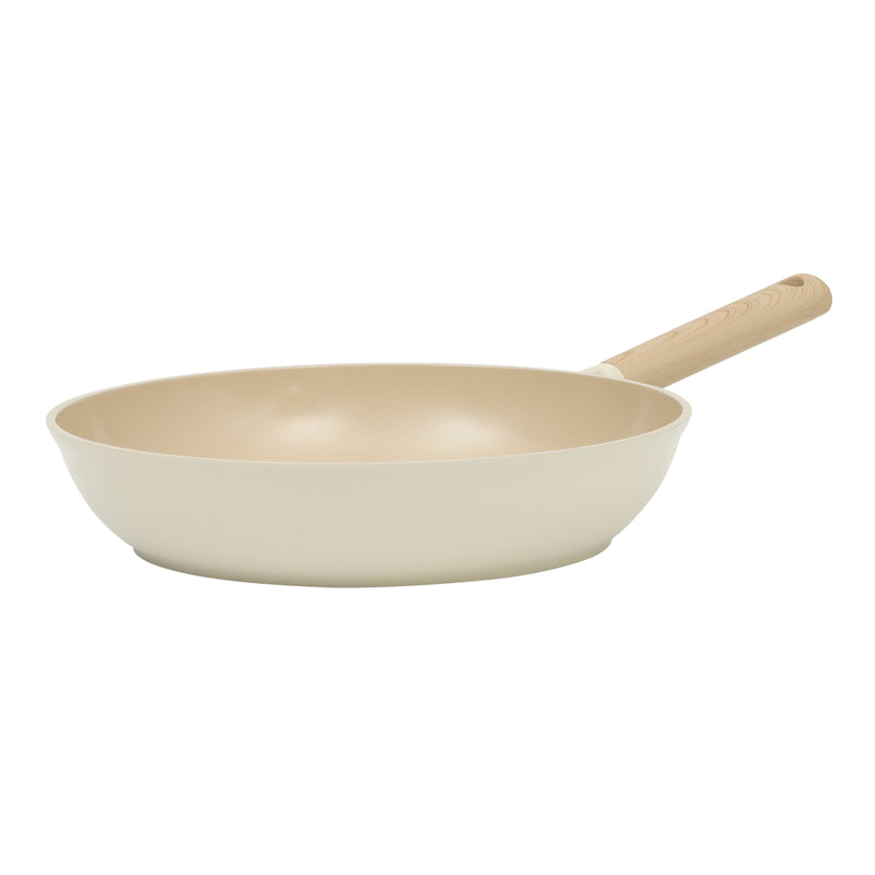 Gibson Elite Folkstone 12" Cast Aluminum Frying Pan - Linen - Nonstick Ceramic Interior - Induction Base - Wood Look Soft Touch Handle - Color Sleeve