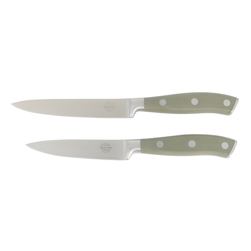 Sur La Table Kitchen Essentials 7pc Stainless Steel Cutlery Set w/ Carbonized Ashwood Block - German Steel - Taper Stone Finished - Pom Handle - GBX w/ RM