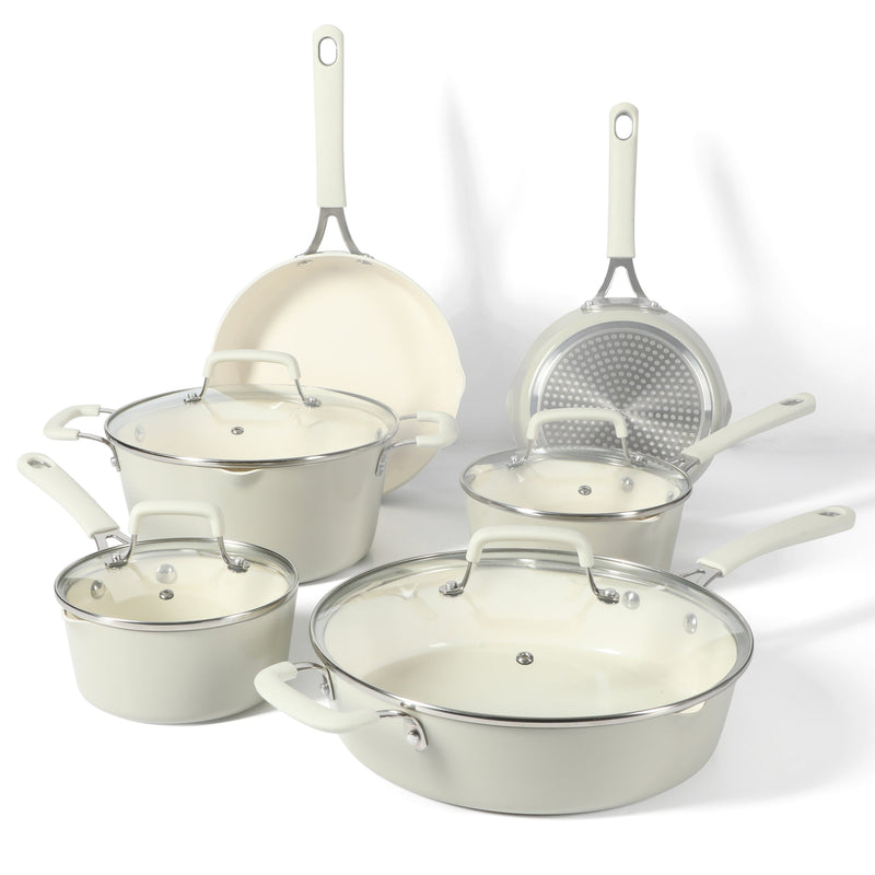 Martha Stewart Heathland 10pc Aluminum Cookware Set - Linen - Taper Shape - Off White Ceramic Interior - Induction - Silicone Handle - Gift Box w/ Remailer