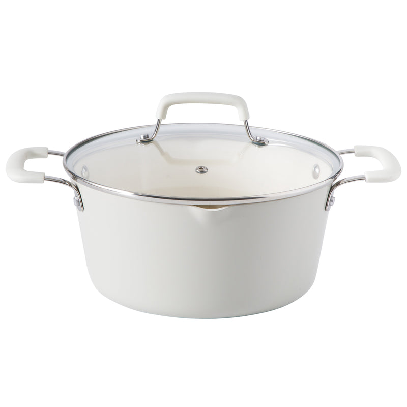 Martha Stewart Heathland 10pc Aluminum Cookware Set - Linen - Taper Shape - Off White Ceramic Interior - Induction - Silicone Handle - Gift Box w/ Remailer