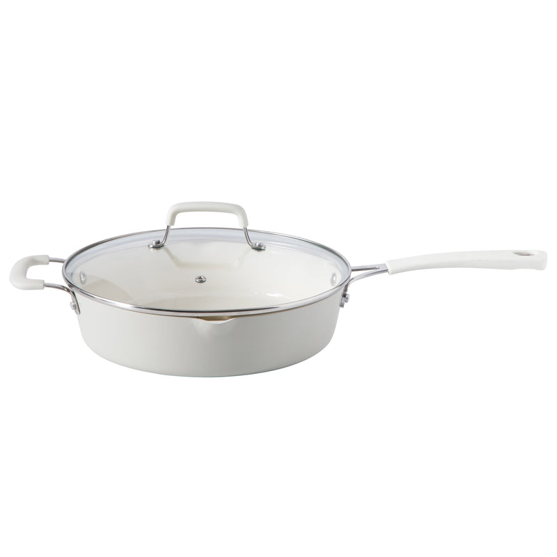Martha Stewart Heathland 10pc Aluminum Cookware Set - Linen - Taper Shape - Off White Ceramic Interior - Induction - Silicone Handle - Gift Box w/ Remailer