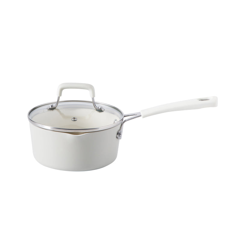 Martha Stewart Heathland 10pc Aluminum Cookware Set - Linen - Taper Shape - Off White Ceramic Interior - Induction - Silicone Handle - Gift Box w/ Remailer