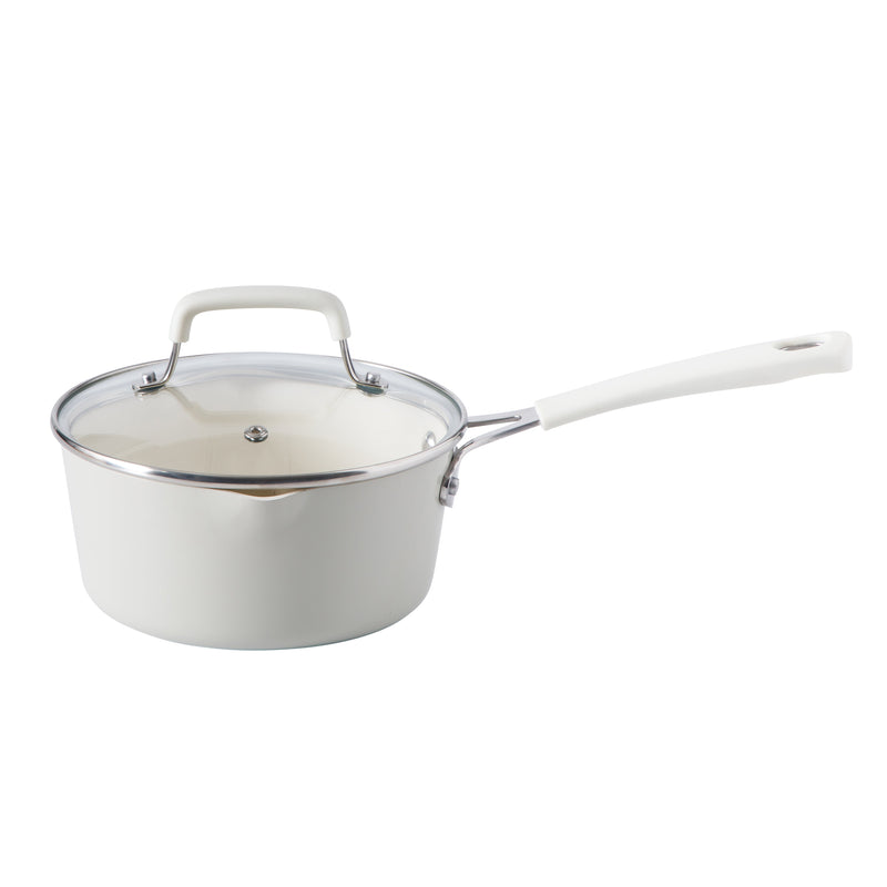 Martha Stewart Heathland 10pc Aluminum Cookware Set - Linen - Taper Shape - Off White Ceramic Interior - Induction - Silicone Handle - Gift Box w/ Remailer