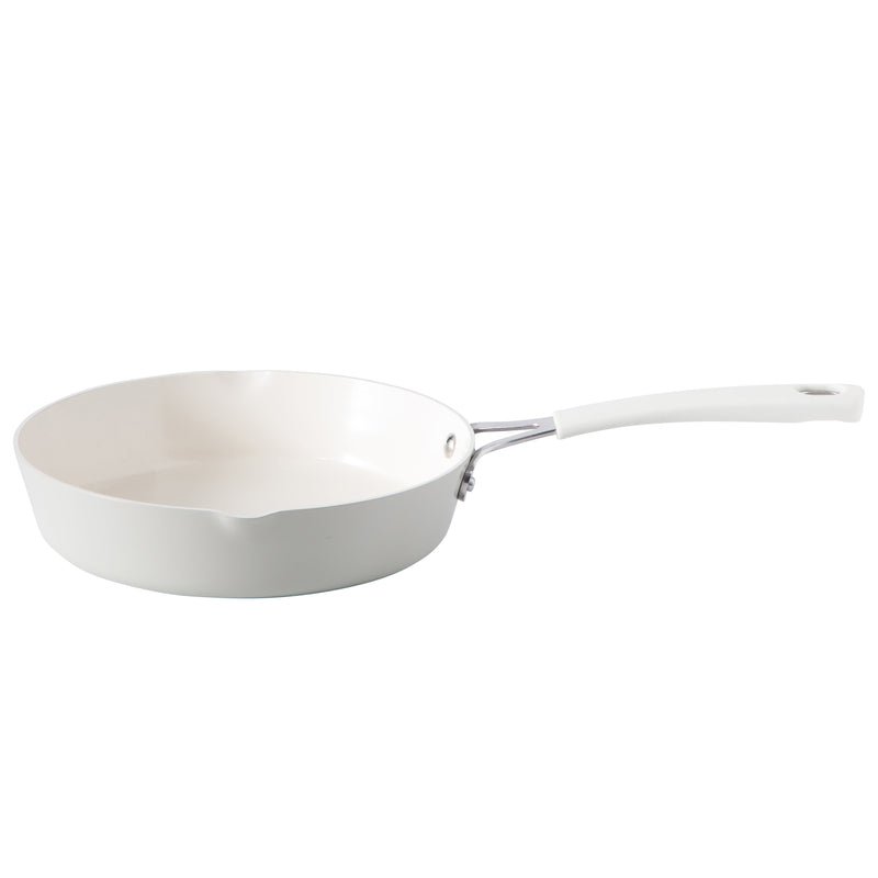 Martha Stewart Heathland 10pc Aluminum Cookware Set - Linen - Taper Shape - Off White Ceramic Interior - Induction - Silicone Handle - Gift Box w/ Remailer