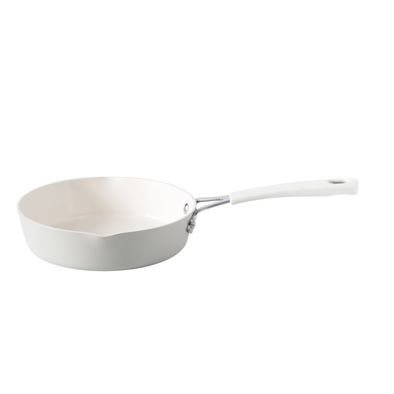 Martha Stewart Heathland 10pc Aluminum Cookware Set - Linen - Taper Shape - Off White Ceramic Interior - Induction - Silicone Handle - Gift Box w/ Remailer