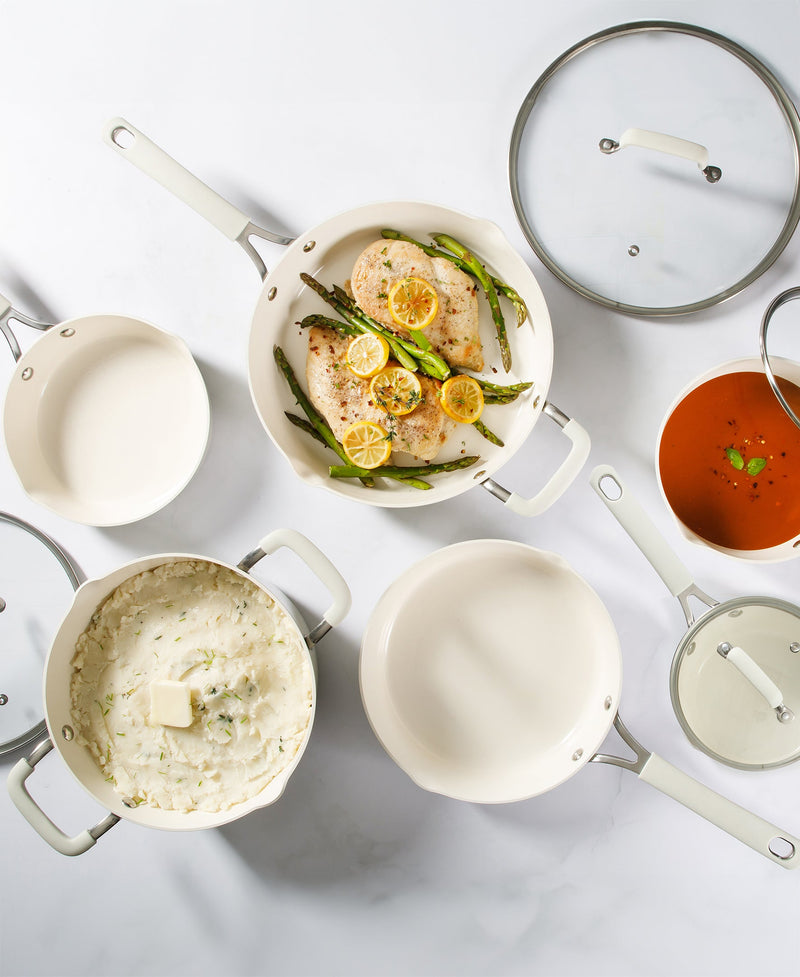 Martha Stewart Heathland 10pc Aluminum Cookware Set - Linen - Taper Shape - Off White Ceramic Interior - Induction - Silicone Handle - Gift Box w/ Remailer