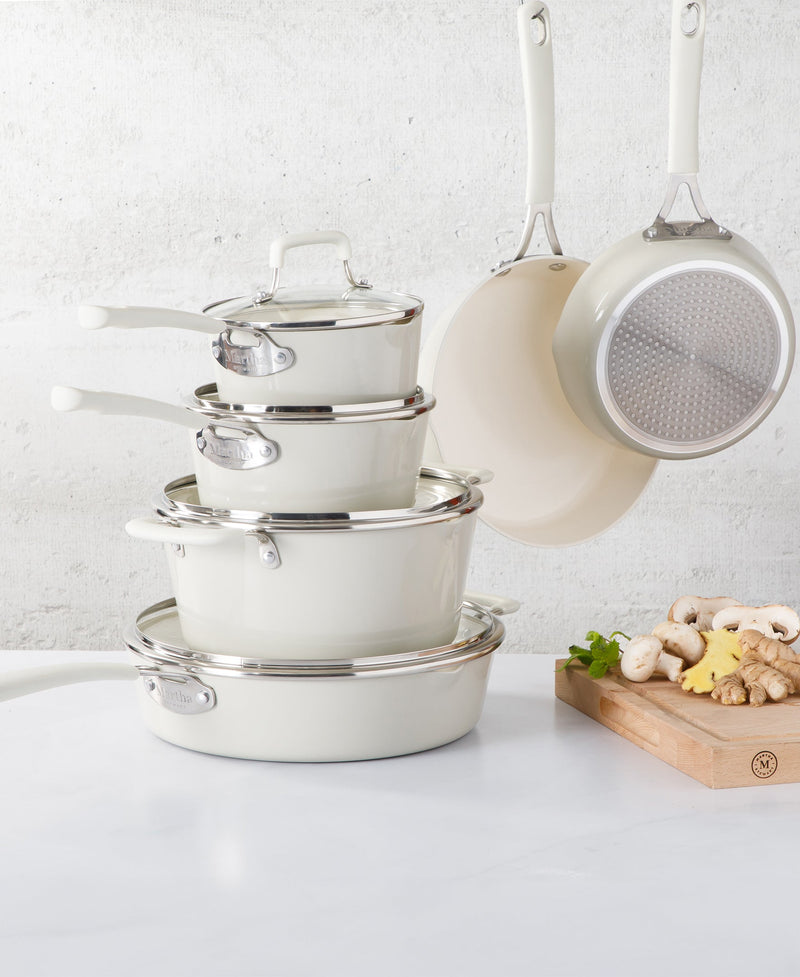 Martha Stewart Heathland 10pc Aluminum Cookware Set - Linen - Taper Shape - Off White Ceramic Interior - Induction - Silicone Handle - Gift Box w/ Remailer