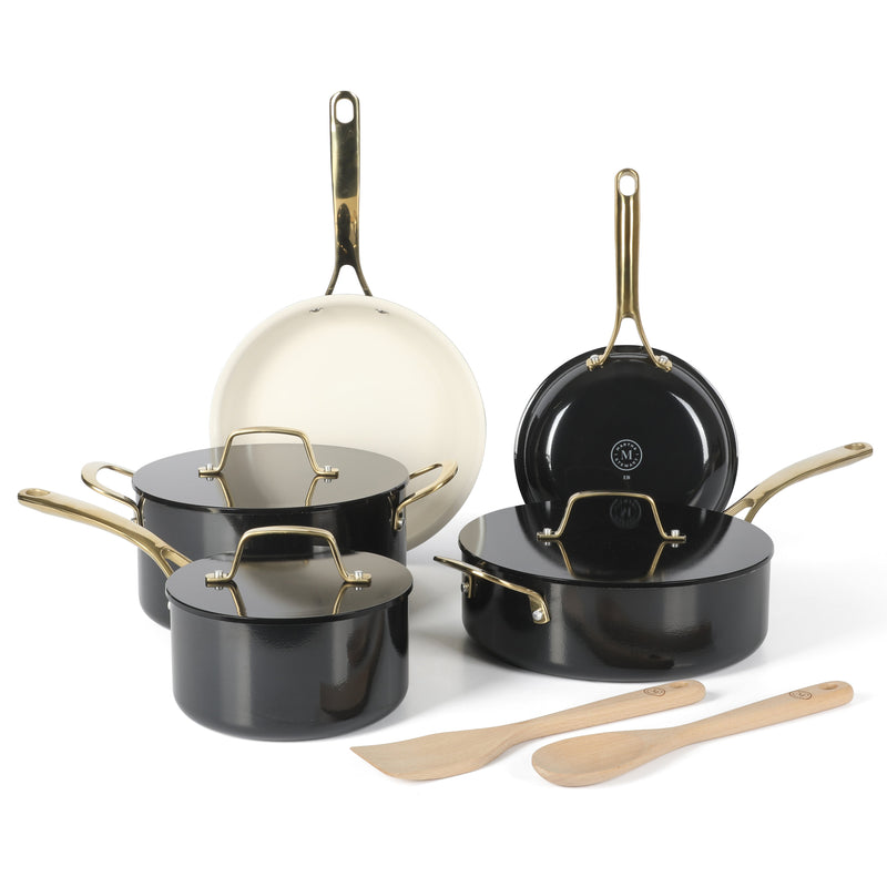Martha Stewart Galway 10pc Aluminum Cookware Set w/ Aluminum Lid - Black with Gold Color Handle - Gift Box w/ Remailer