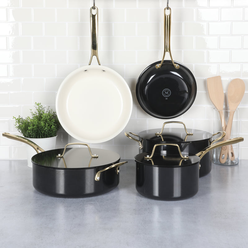 Martha Stewart Galway 10pc Aluminum Cookware Set w/ Aluminum Lid - Black with Gold Color Handle - Gift Box w/ Remailer