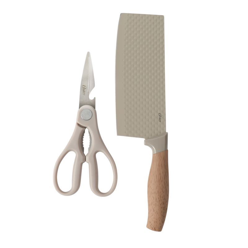 Oster Gunderson 2pc 6" Cleaver & Scissors Set - Taupe - Textured Blade - Non Stick - PP Wood Look Soft Touch Handle - Clam Pack