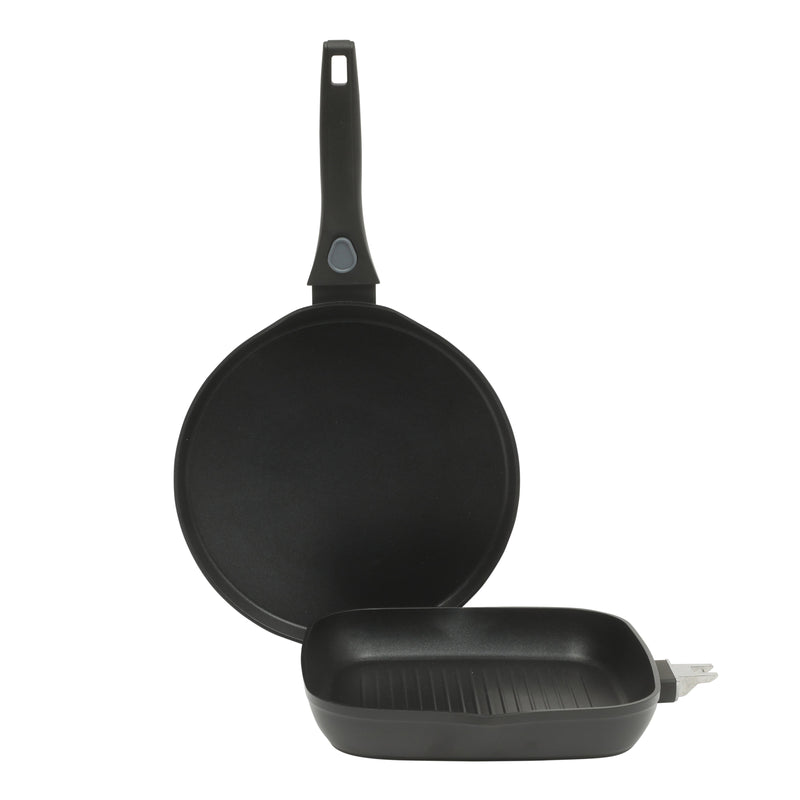 Oster Smarthandle Advance 3 pc Forged Aluminum 10" Round Pancake Pan & 9.5" Square Grill w/ Detachable Handle - Matte Black - Non-Stick Interior - Induction Base - Bakelite Handle - Gift Box (Open Window)