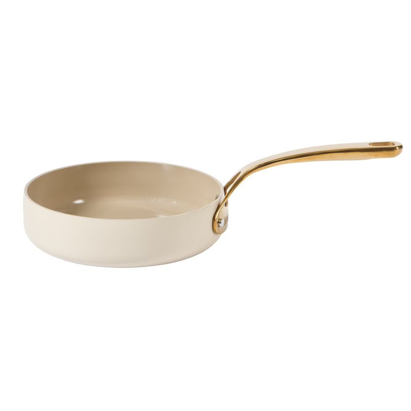 Bloomhouse 8" Aluminum Frying Pan - Linen - Taupe Ceramic Interior - Ceramic Nonstick - Induction - Cast Stainless Steel Gold PVD Handle - Gift Box w/ Remailer