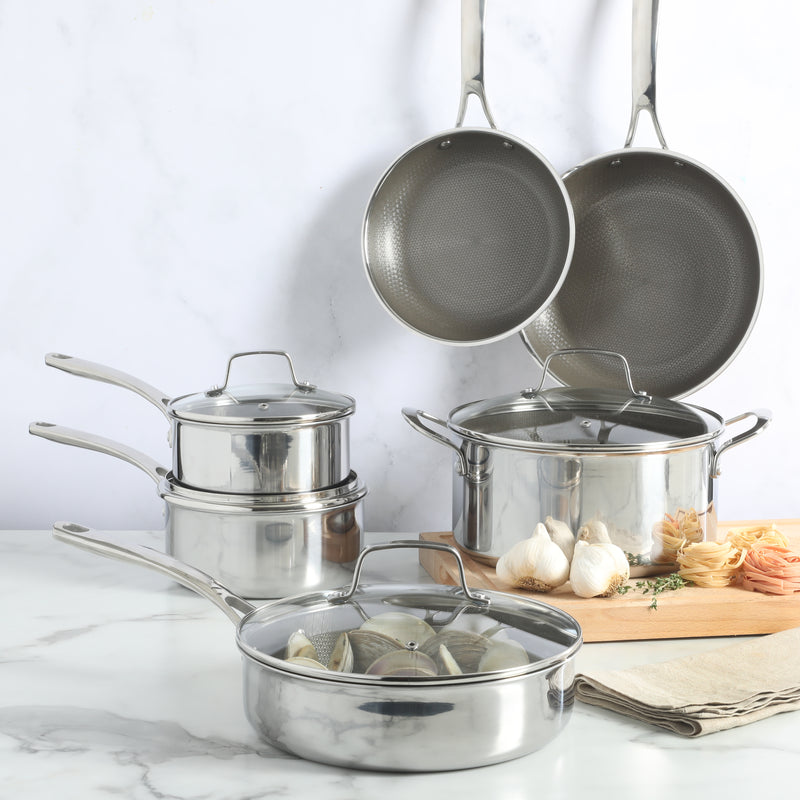 Martha Stewart Badgley 10pc Tri-Ply Stainless Steel Cookware Set - Etching Ceramic Non-Stick Interior - Stainless Steel Handle - Gift Box w/ Remailer