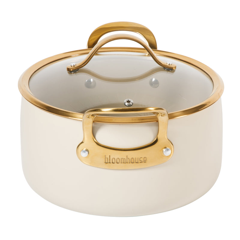 Bloomhouse 6qt Aluminum Dutch Oven w/ Lid - Linen - Taupe Ceramic Interior - Nonstick - Induction - Cast Stainless Steel Gold PVD Handle - Gift Box w/ Remailer