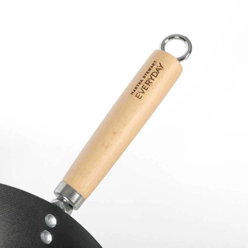Martha Stewart Everyday Clarkston 10" Non-Stick Steel Wok w/ Helper Handle - Teal - Black Interior - Wood Handle - Color Sleeve