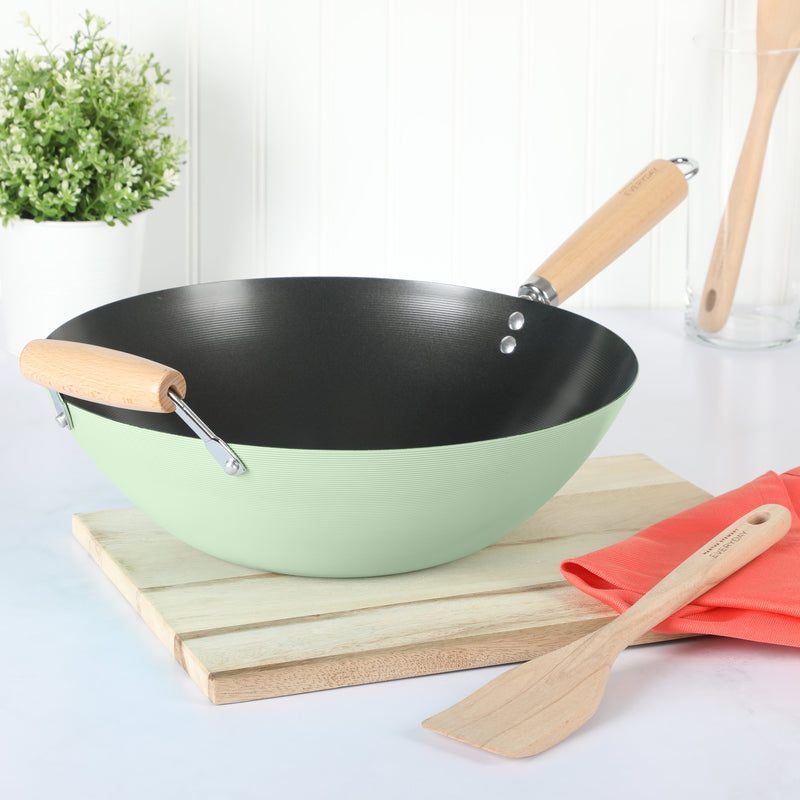 Martha Stewart Everyday Clarkston 10" Non-Stick Steel Wok w/ Helper Handle - Teal - Black Interior - Wood Handle - Color Sleeve