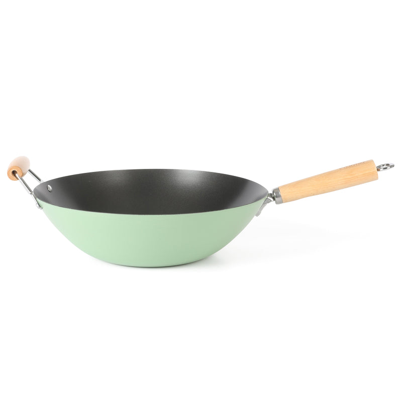 Martha Stewart Everyday Clarkston 10" Non-Stick Steel Wok w/ Helper Handle - Teal - Black Interior - Wood Handle - Color Sleeve