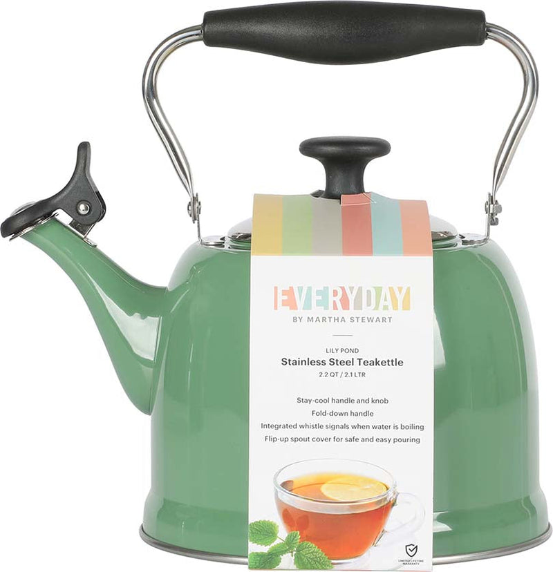Martha Stewart Everyday Lily Pond 2.2qt Stainless Steel Tea Kettle w/ Lid - Nylon Handle - Encapsulated Base - Color Sleeve