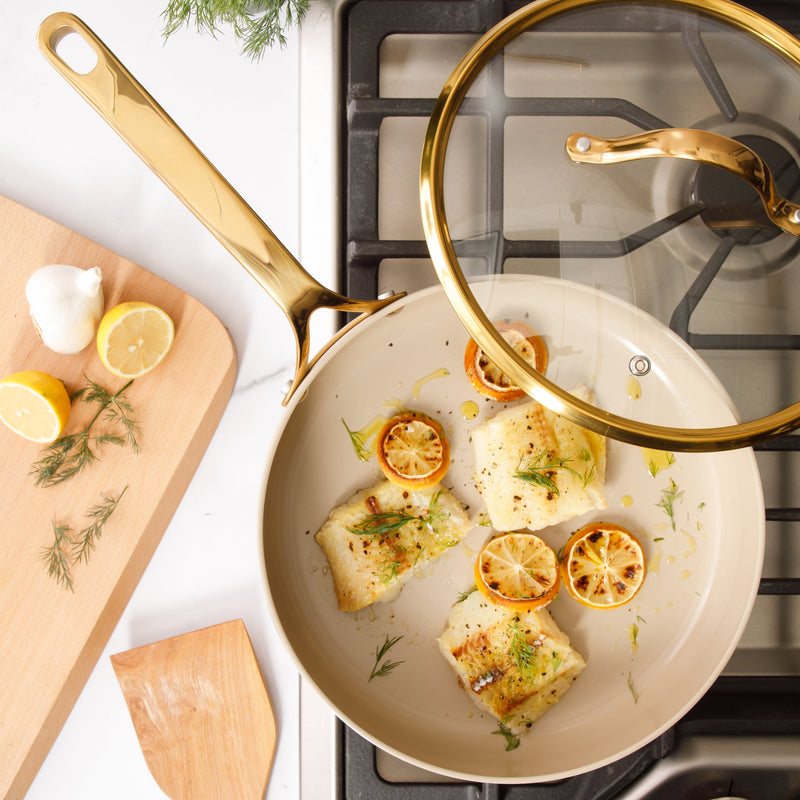 Bloomhouse 10" Aluminum Frying Pan w/ lid - Linen - Taupe Ceramic Nonstick Interior - Induction - Cast Stainless Steel Gold PVD Handle - Gift Box w/ Remailer
