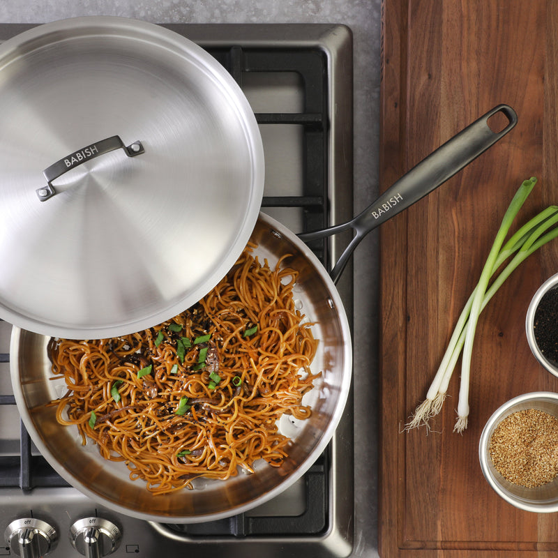Babish 12" Triply Stainless Steel Frying Pan w/ Stainless Steel Lid & Black PVD Handle - Color Sleeve w/ Remailer
