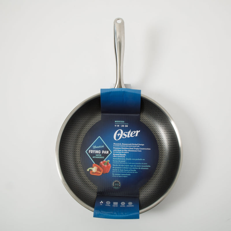 Oster Modessa 11" Triply Stainless Steel Frying Pan - Etching Nonstick Interior - Long Handle - Color Sleeve