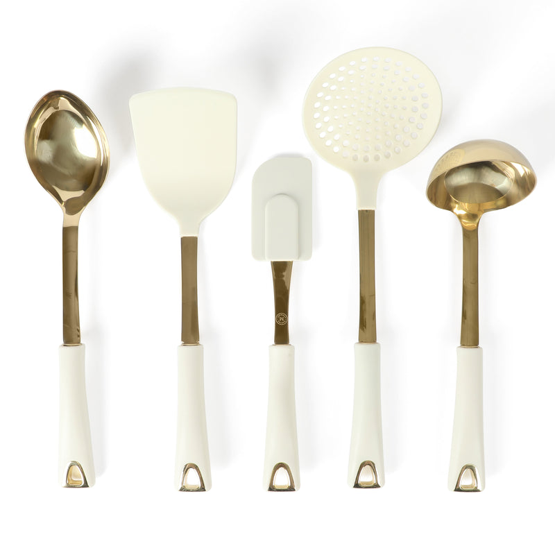 Martha Stewart Lockton 5pc Kitchen Tool Set - Linen - Gold Stainless Steel & Nylon Head - PP & Gold Stainless Steel PVD Handle - Gift Box w/ Remailer