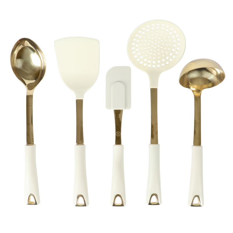 Martha Stewart Lockton 5pc Kitchen Tool Set - Linen - Gold Stainless Steel & Nylon Head - PP & Gold Stainless Steel PVD Handle - Gift Box w/ Remailer