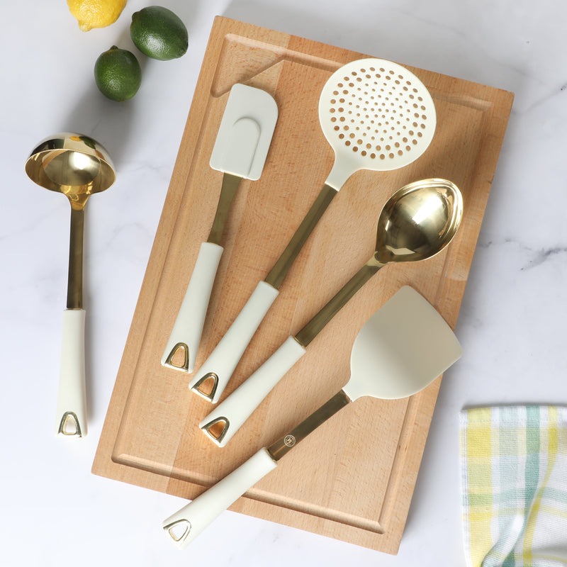 Martha Stewart Lockton 5pc Kitchen Tool Set - Linen - Gold Stainless Steel & Nylon Head - PP & Gold Stainless Steel PVD Handle - Gift Box w/ Remailer
