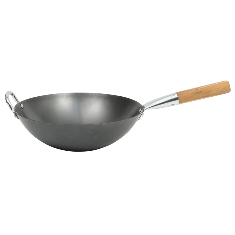 Sur la Table Kitchen Essentials Quick Fire 13.5" Non-Stick Steel Wok - Black Int/Ext - Olive Wood Handle - O/S Color Sleeve w/ Remailer