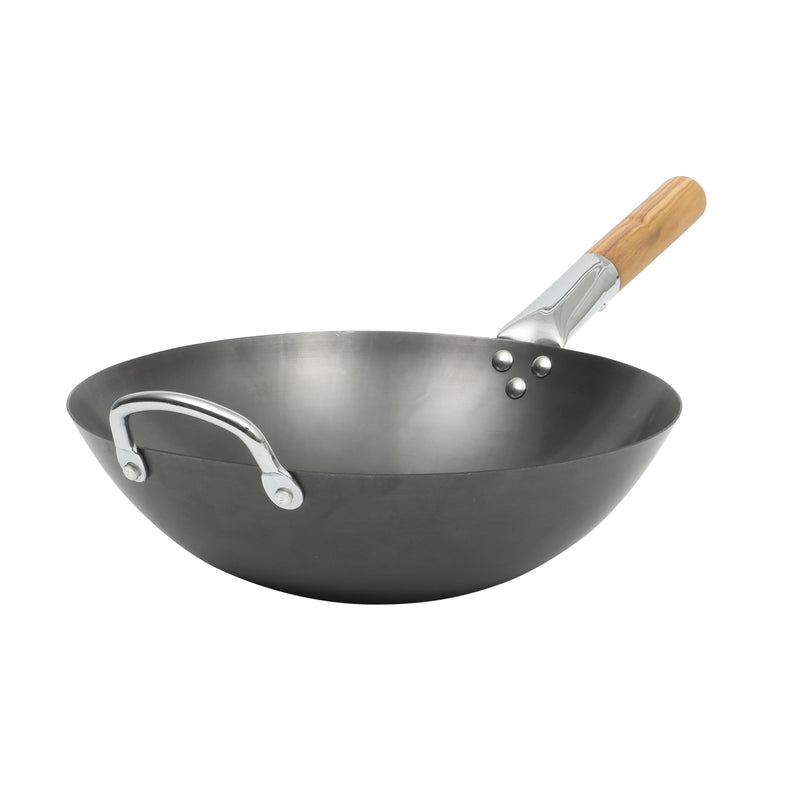 Sur la Table Kitchen Essentials Quick Fire 13.5" Non-Stick Steel Wok - Black Int/Ext - Olive Wood Handle - O/S Color Sleeve w/ Remailer