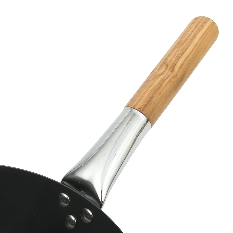 Sur la Table Kitchen Essentials Quick Fire 13.5" Non-Stick Steel Wok - Black Int/Ext - Olive Wood Handle - O/S Color Sleeve w/ Remailer