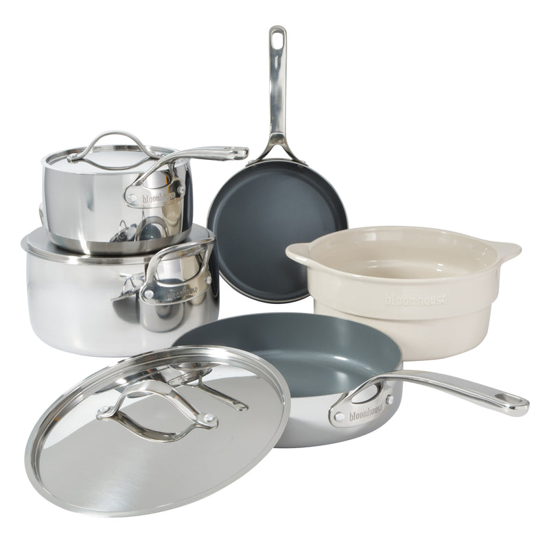 Bloomhouse 8pc Triply Stainless Steel Cookware Set - Grey Ceramic Interior- Gift Box w/ Remailer