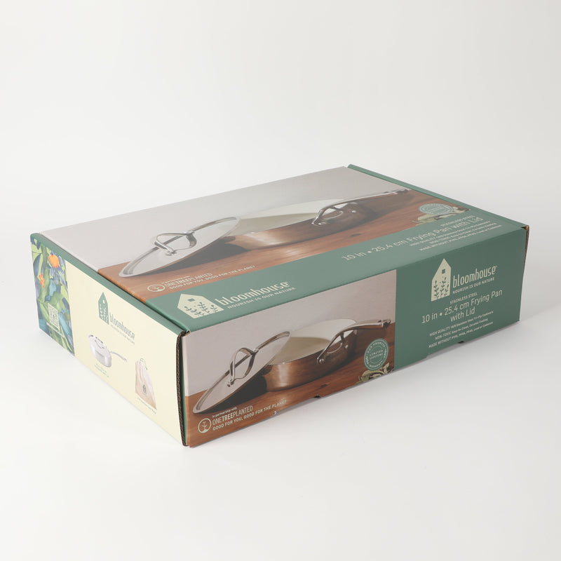 Bloomhouse 10" Triply Stainless Steel Frying Pan w/ Stainless Steel Lid - White Ceramic Interior - Gift Box w/ Remailer