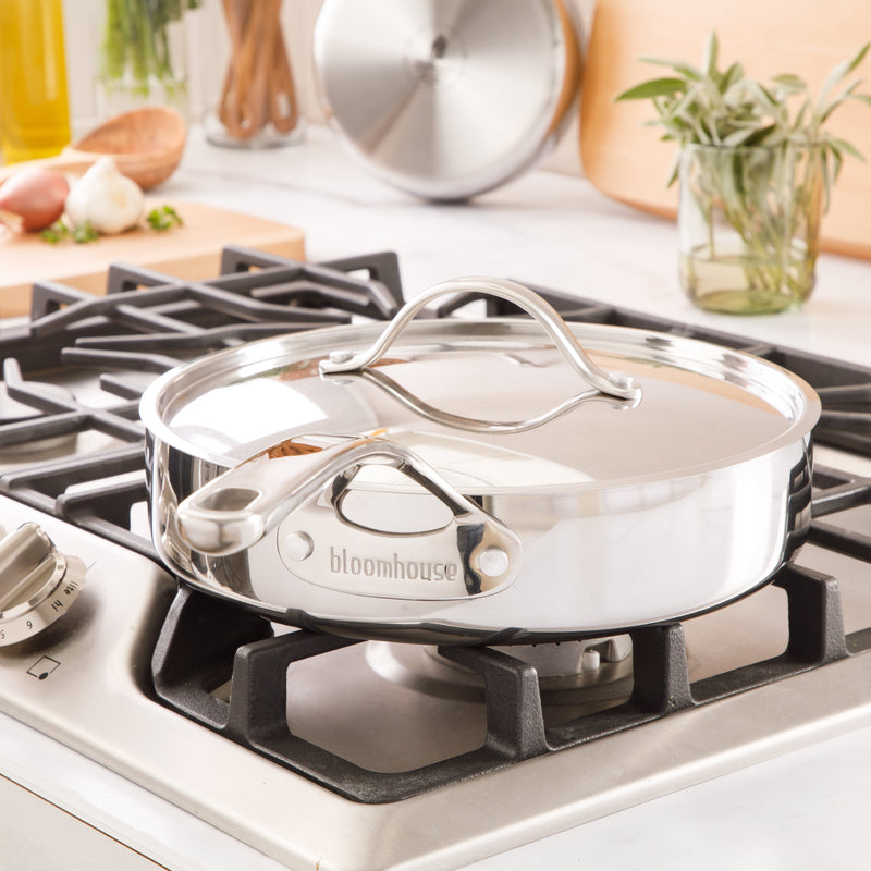 Bloomhouse 10" Triply Stainless Steel Frying Pan w/ Stainless Steel Lid - White Ceramic Interior - Gift Box w/ Remailer