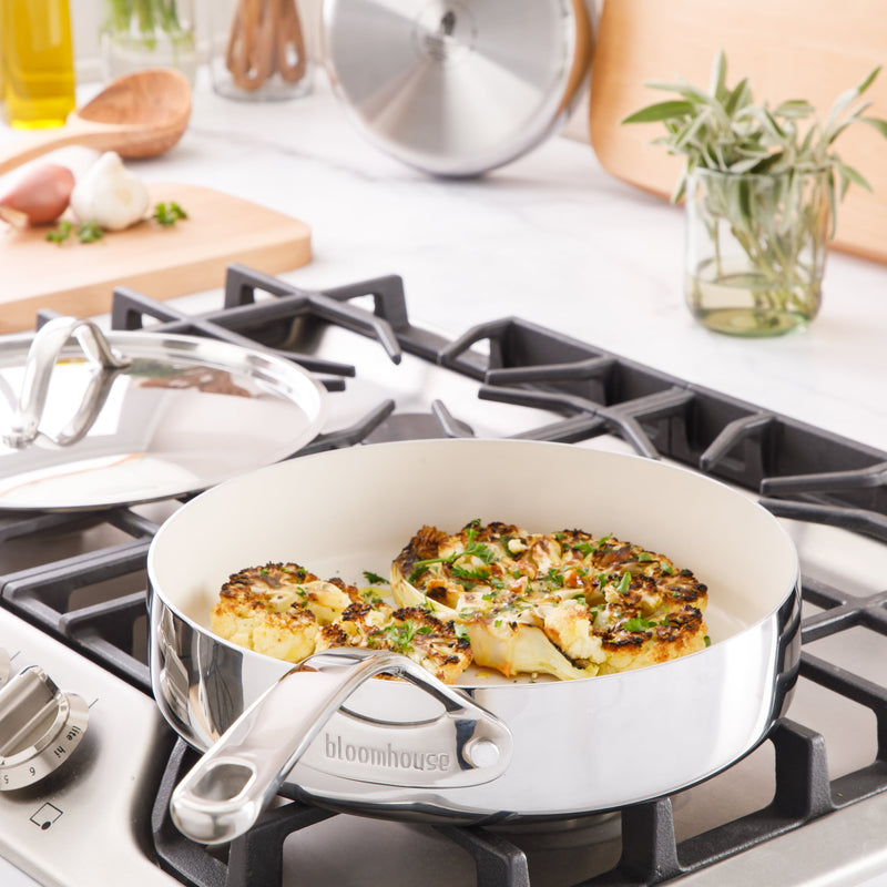 Bloomhouse 10" Triply Stainless Steel Frying Pan w/ Stainless Steel Lid - White Ceramic Interior - Gift Box w/ Remailer