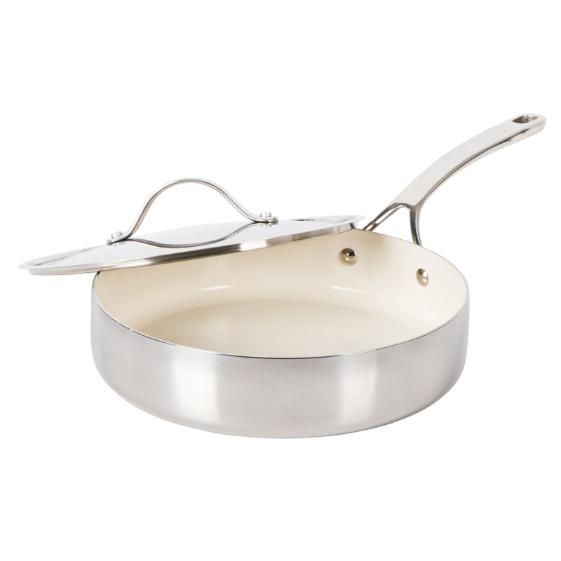 Bloomhouse 10" Triply Stainless Steel Frying Pan w/ Stainless Steel Lid - White Ceramic Interior - Gift Box w/ Remailer