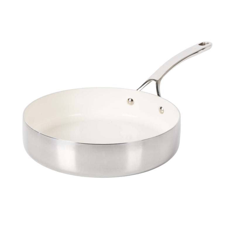 Bloomhouse 10" Triply Stainless Steel Frying Pan w/ Stainless Steel Lid - White Ceramic Interior - Gift Box w/ Remailer