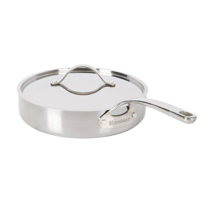 Bloomhouse 10" Triply Stainless Steel Frying Pan w/ Stainless Steel Lid - White Ceramic Interior - Gift Box w/ Remailer