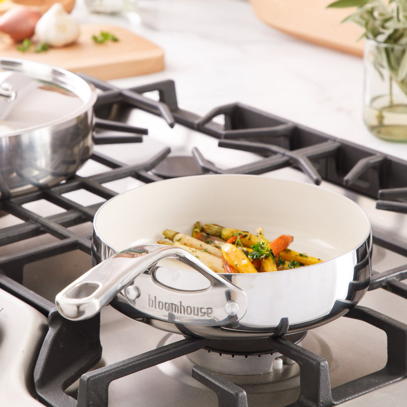 Bloomhouse 8" Triply Stainless Steel Frying Pan - White Ceramic Interior - Gift Box w/ Remailer
