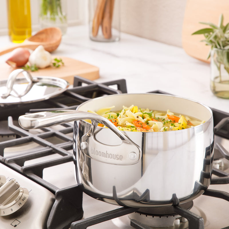 Bloomhouse 3qt Triply Stainless Steel Saucepan w/ Stainless Steel Lid - White Ceramic Interior - Gift Box w/ Remailer