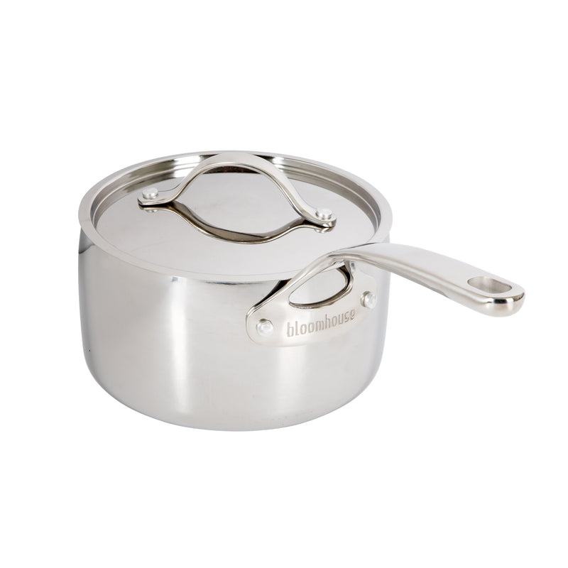 Bloomhouse 3qt Triply Stainless Steel Saucepan w/ Stainless Steel Lid - White Ceramic Interior - Gift Box w/ Remailer
