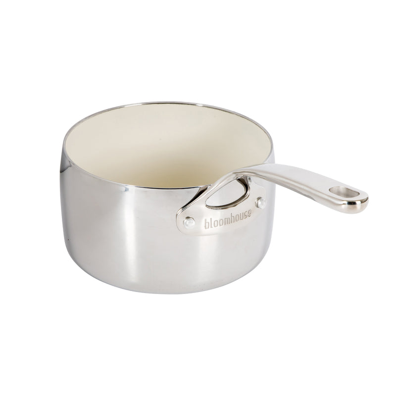 Bloomhouse 3qt Triply Stainless Steel Saucepan w/ Stainless Steel Lid - White Ceramic Interior - Gift Box w/ Remailer