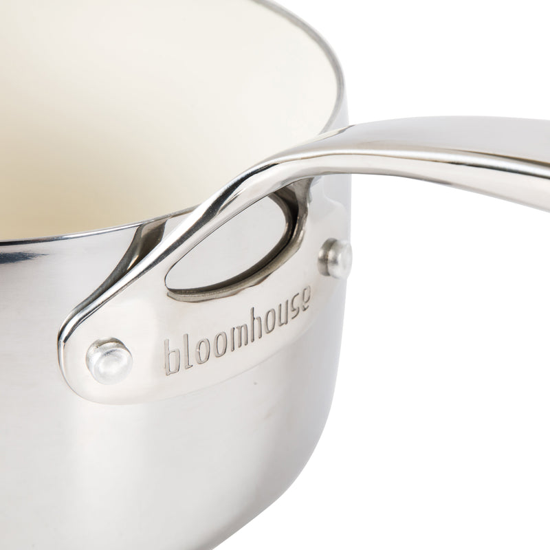 Bloomhouse 3qt Triply Stainless Steel Saucepan w/ Stainless Steel Lid - White Ceramic Interior - Gift Box w/ Remailer