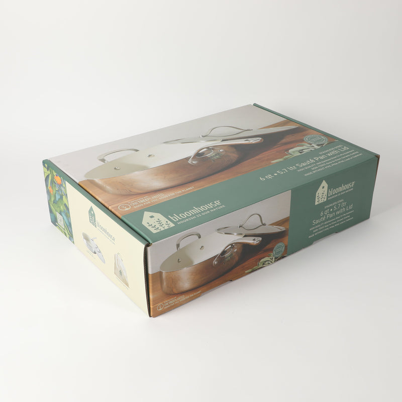 Bloomhouse 6qt Triply Stainless Steel Sauté w/ lid & Helper Handle - White Ceramic Interior - Gift Box w/ Remailer